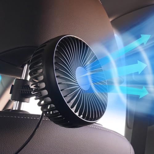 AuraCam 12V Car Fan, Mini Portable USB Fan for Passenger, 360 Degree Rotation, Car Seat Fan with 3 Strong Wind Speeds for SUV/RV/Truck/Saloon