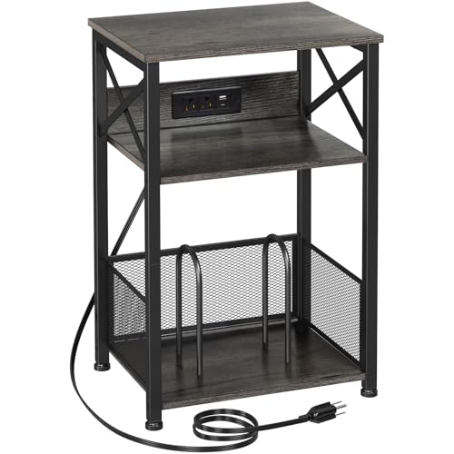 AMHANCIBLE Record Player Stand with Charging Station, Turntable Stand with Storage Cabinet, 3 Tier End Table Hold Up to 100 Albums, Record Stand for Vinyl, Living Room, Dark Grey, HETCD01DG-1