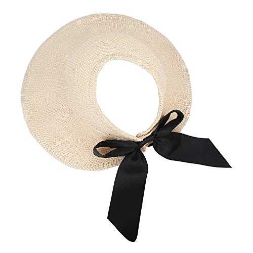 mysuntown Womenâ€™s Summer Foldable Straw Sun Visor with Cute Bowtie