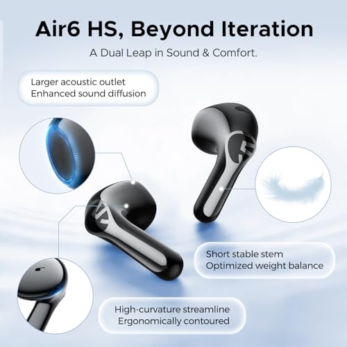 SOUNDPEATS Air6 HS BT 6.0 Wireless Earbuds, Semi-in-Ear Headphones with 13mm Triple-Magnet Bio-Composite Driver, LDAC Lossless & Hi-Res Audio, 45H Playtime, 4-Mic Noise Cancelling, IPX5
