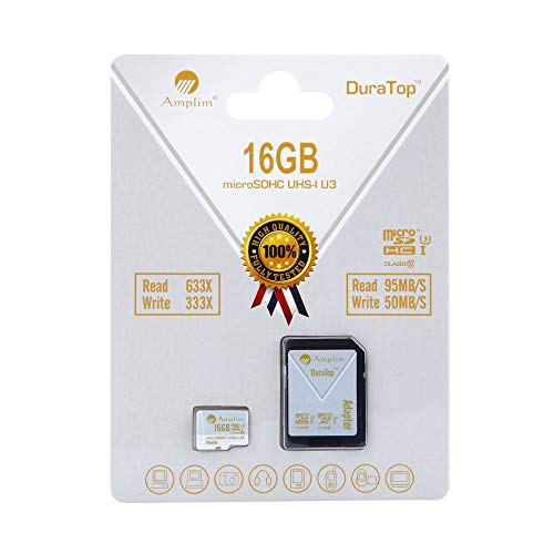 Amplim 16GB Micro SDHC U3 Card Plus SD Adapter Pack Extreme Pro Class 10 UHS-I MicroSDHC 95MB/s Read, 50MB/s Write. Ultra High Speed HD UHD 4K Video. Internal/External MicroSD Flash Memory Storage