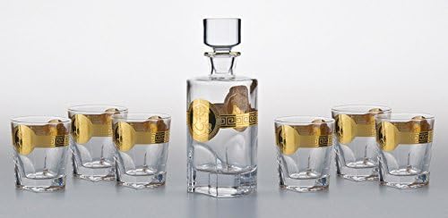 Denizli Spirits 7-pc Set of 28 Oz Bohemia Crystal Round Decanter with Vintage Gold Greek Key Pattern and 8 Oz Whisky Scotch Brandy Glasses