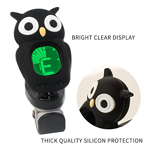 SWIFF Guitar Tuner Clip-On with Clear Bright LCD Display for All String Instruments with Bass, Ukulele,Violin Accessories (Owl Black)