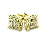 Mens Gold Tone and Clear Cz Cube Iced Out Hip Hop Micro Pave Kite Stud Earrings Bling