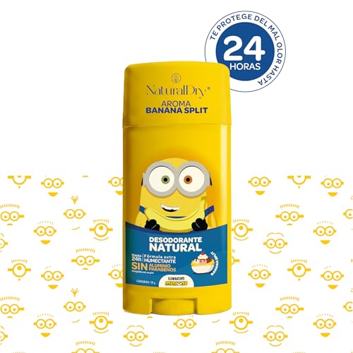 NaturalDry - Desodorante Para Niños y Teens Natural Infantil Minions 50g | Sin Aluminio ni Parabenos | 24hrs Protección | Para Niños y Adolescentes Piel Sensible (2 x Banana Split)