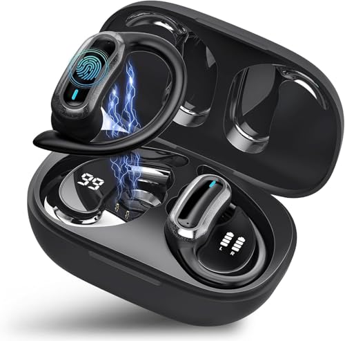 TRAUSI Wireless Earbuds Bluetooth Headphones, Bluetooth 5.3 Stereo Over Ear Buds,Noise Cancelling Mic, IPX7 Waterproof Headset for Workout/Running,Black