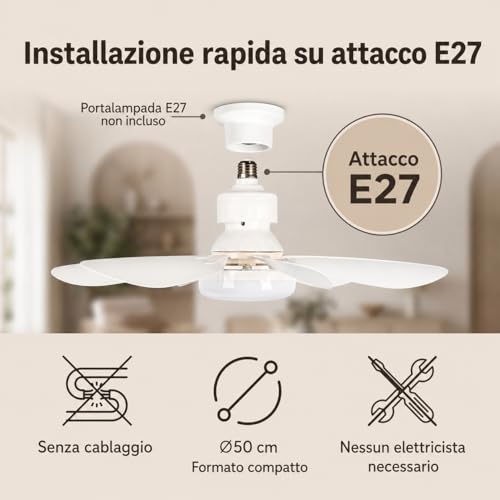 MARSI Ceiling Fan with LED Light 52cm, Chandelier Fan E27, 6 Removable ABS Blades, DC Motor, 3 Speed, Adjustable Light, IR Remote Control, for Bedroom and Living Room