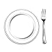 100 Heavyweight Elegant Plastic Disposable 7.5” Small Plates & 100 Silver Plastic Forks, Perfect for Salads, Desserts, Tapas, Appetizers, Hors d' oeuvres, Parties, Catering, Wedding Cakes