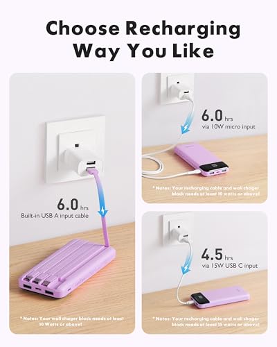 Portable Charger with Built in Cables, Portable Charger with Cords Wires Slim 10000mAh Travel Essentials Battery Pack 6 Outputs 3A High Speed Power Bank for iPhone Samsung Pixel LG Moto iPad (Purple)