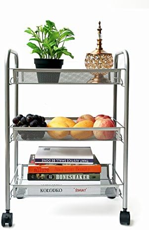 EXILOT 3-Tier Mesh Wire Rolling Cart Multifunction Utility Cart Kitchen Storage Cart on Wheels, Steel Wire Basket Shelving Bathroom Trolley,Easy moving (Silver)