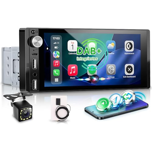 DAB+ Autoradio 1 Din Carplay Android Auto Wireless Bluetooth, 6.9'' IPS Touchscreen Stereo con Mirror Link Vivavoce Bluetooth DAB+ Radio Digitale FM Tipo-C USB EQ Controllo del Volante Retrocamera