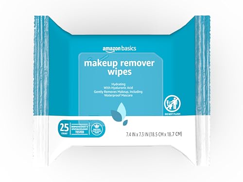 AMAZON BASICS MAKEUP REMOVER WIPES, GENTLE CLEANSING, DERMATOLOGIST TESTED, HYDRATING, PLANT BASED, ALCOHOL FREE, REMOVES WATERPROOF MASCARA, 25 COUNT PER PACK, PACK OF 2 (PREVIOUSLY SOLIMO)