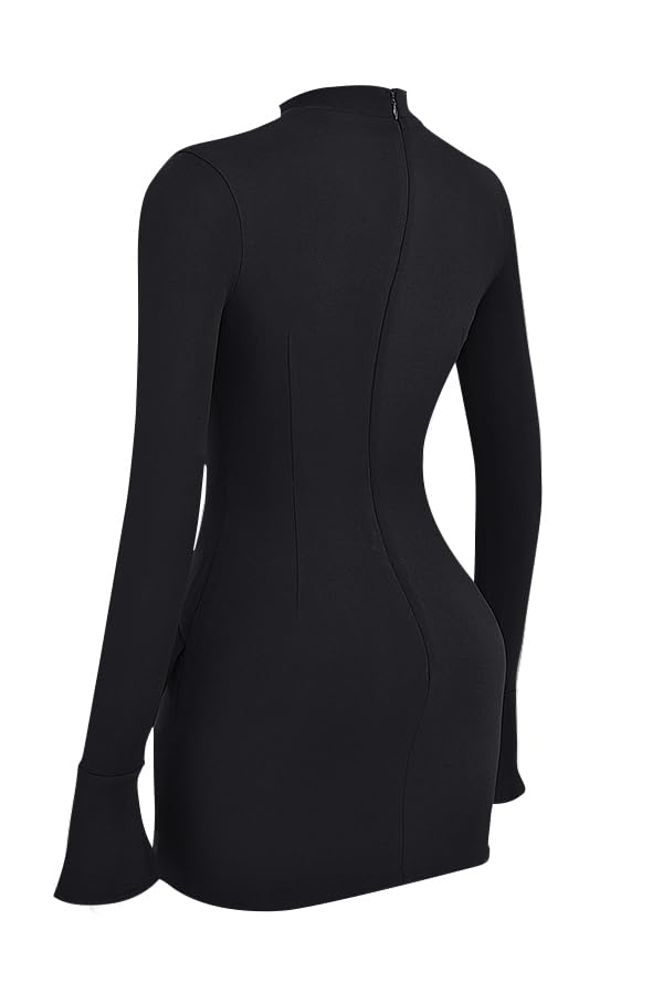 YMDUCH Women's Long Sleeve Mock Turtle Neck Bodycon Mini Tank Short Party Dress Black - Image 6