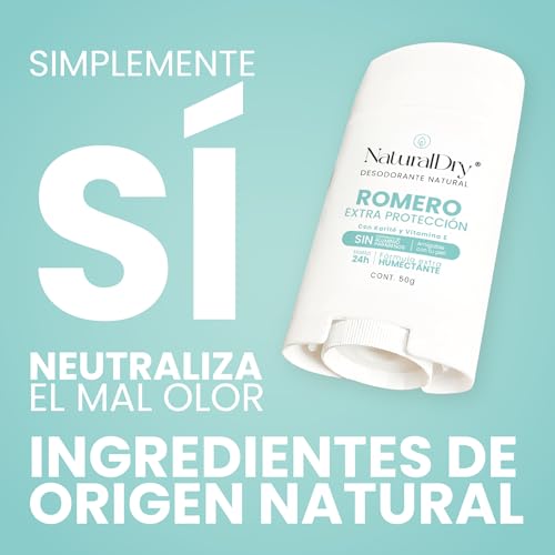 NaturalDry Desodorante Natural EXTRA PROTECCION | Delicioso aroma Romero | Sin Clorhidrato de Aluminio | Con Piedra de alumbre en polvo| No macha la ropa | NO ES ANTITRANSPIRANTE | Neutraliza el mal olor hasta 24 Horas | 50 G | (Pack de 2)