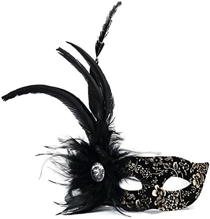 Oxfox Halloween Masquerade Mask With Feather Women Ladies Christmas Fancy Dress Party Prom Gold