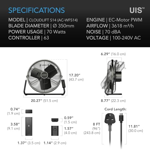 AC Infinity CLOUDLIFT S14, Industrial Wall Fan 35cm with Wireless 10-Speed Controller EC-Motor High-Velocity Shop Fan Floor Stand or Wall Mount for Hydroponics Greenhouses Workshop Circulation 14-Inch