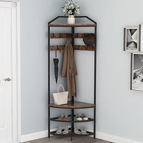 GiftGo Corner Hall Tree with Shoe Bench Entryway Coat Rack with 10 Metal Movable Hooks
