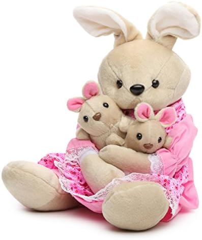 Mommy Bunny with Two Babies Stuffed Animal in Pink Dress