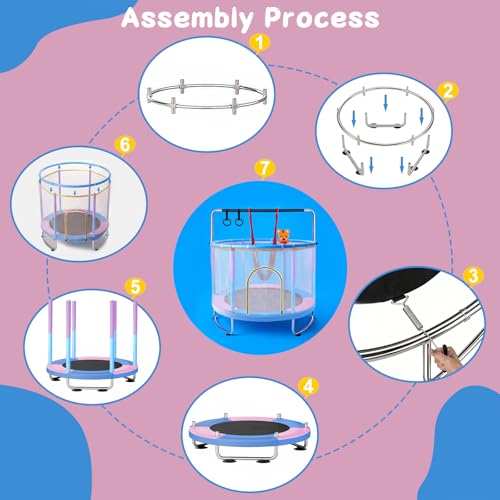 60” Toddler Trampoline with Swing & Gymnastics Bar, Indoor Outdoor Kids Trampoline with Safety Enclosure Net, Gifts for Boys & Girls Age 2-14