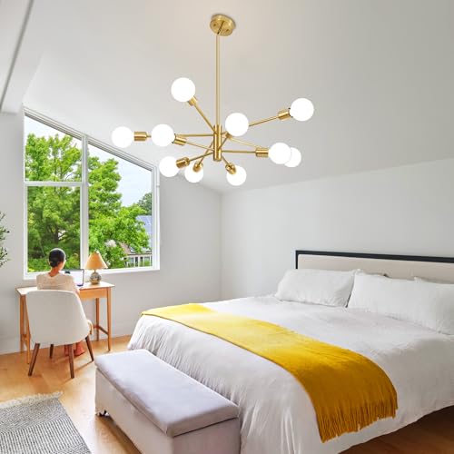 Deyidn - Lámpara de araña moderna dorada de mediados de siglo, 10 luces E26 para sala de estar, cocina, dormitorio, comedor y granja