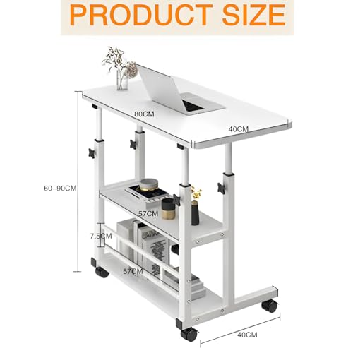 Beauenty Home Office Desk,Computer Desk,Height Adjustable Laptop Table,Portable Small Computer Desk with Rolling Wheel,Modern Side Table for Home Office,Study,Reading(White, 80 * 40 * 60-90cm)