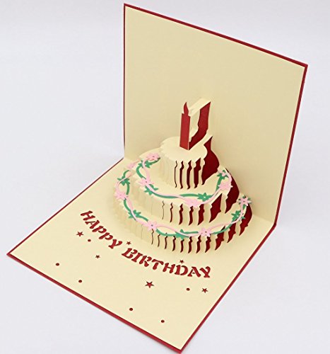 Tubwair Birthday Greeting Card 3D Pop up Cake Paper Handmade Post Cards (Red)