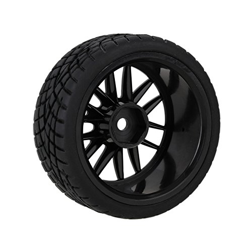 Mxfans 12mm Hex Black Plastic 14-Spoke Wheel Rims & Black Fish Pattern Rubber Tires for RC 1:10 On Road Racing Car Pack of 4