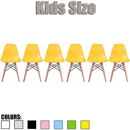2xhome - Set of Six (6) - Yellow - Kids Size Eames Side Chairs Eames Chairs Yellow Seat Natural Wood Wooden Legs Eiffel Childrens Room Chairs No Arm Arms Armless Molded Plastic Seat Dowel Leg