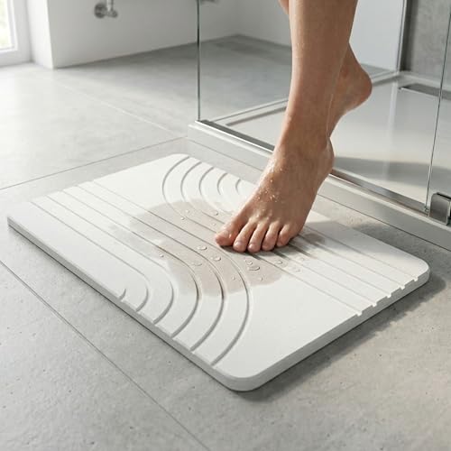 Lynna Diatomite Bath Mat - Quick Drying and Non-Slip - Diatomite Stone Bath Mat for Shower Exit - Eco-Friendly and Durable Mat - Modern Design (White)