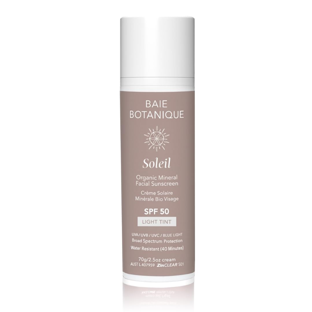 NEW SIZE – Baie Botanique Soleil Organic Facial Sunscreen SPF 50 – Mineral, Chemical Filter Free – With Hyaluronic Acid & Vitamin C – Vegan – Fragrance Free – Broad Spectrum UVA/UVB - Light Tint 70g