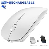 Rechargeable Wireless Mouse, Pasonomi 2.4G Slim Mute Silent Click Noiseless Optical Mouse with USB Receiver (Stored at Bottom of The Mouse) Compatible with Notebook, PC, Laptop, Computer, Mac (White)