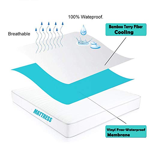 Queen Size Premium Bamboo Mattress Protector Cooling Mattress Protector Hypoallergenic Waterproof Mattress Protector Pad Mattress Cover Cotton Terry Surface Noiseless --Fitted 8"-21" Deep Pocket