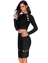 Meilun 2 piezas Set Hollow manga larga Crop parte superior Falda Vendaje Vestido de fiesta de la mujer