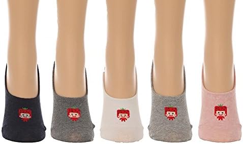 Women's No Show Character Strawberry Socks - Hidden Flat Boat Line- w/ Silicon Pad - (5 pair set) (One size(5-8), Multi)