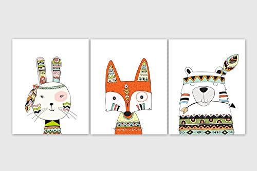 Woodland Tribal Fox, Rabbit and Bear Wall Art Prints, Set of 3
