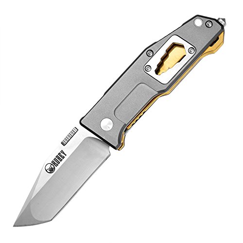 KUBEY EDC Multitool Pocket Folding Knife with Clip,8Cr14Mov Stainless Steel Tanto Blade,Anodized Aluminum Handle Saw Glass Breaker Opener,3-4/5-Inch Closed(Grey Gloden)