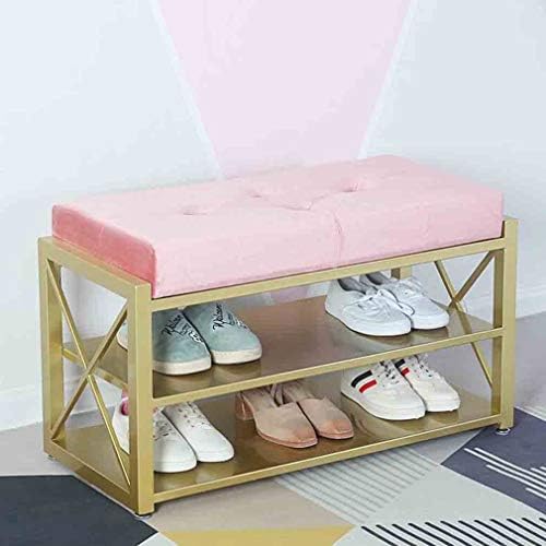 YCSD Nordic Wrought Iron Shoe Rack Hallway Ottoman Bench,Fabric Padded Seat,for Entryway Living Room Bedroom Shoe Store Clothing Store (Color : Pink, Size : 60cm)