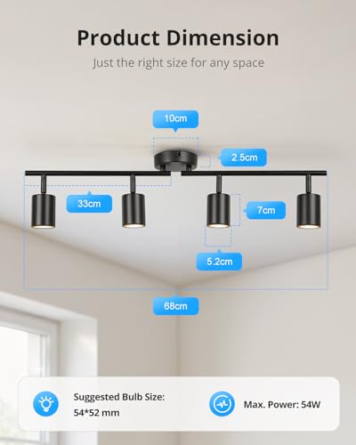 Gr4tec 4 Way Spotlights Ceiling Light, Adjustable Kitchen Lights Ceiling, Black Ceiling Light Fitting, Metal GU10 Spotlight bar for Hallway Bedroom, Bulb Not Included