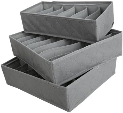 Sellus OxbOw Set of 3 Foldable Drawer Dividers, Innerwear Under Bed Storage Closet Organizer Partition Box for Clothing, Shoes, Underwear, Bra, Socks with Lid Cover (Grey)