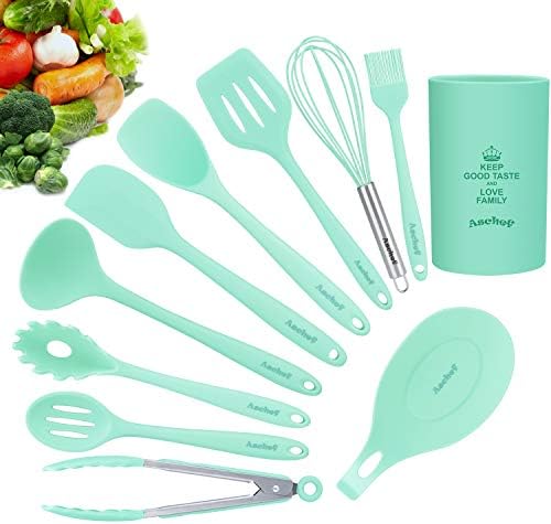 Aschef Ensemble d'Ustensiles de Cuisine en Slicone, Lot de 11 Ustensile de Cuisine Pratique et Robuste avce le Rangement, Anti-Adhésive, Kit Ustensile Cuisine Complet avec Spatule, Couleur Bleu