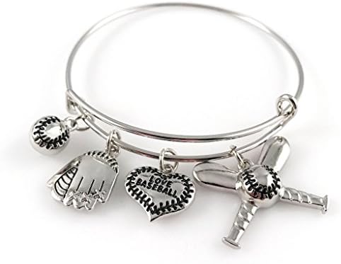 Baseball Bangle Bracelet - Adjustable Silver Jewelry for Moms Fans