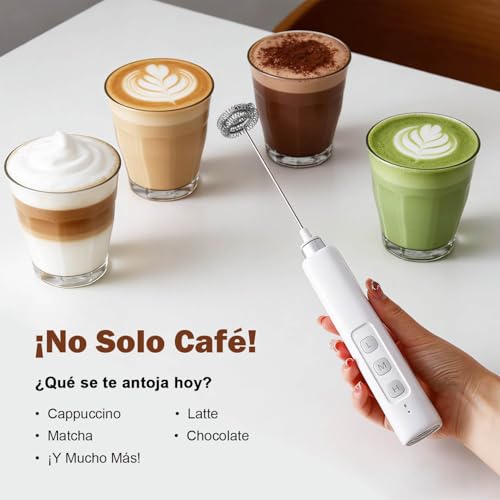 ENGREPO Espumador de Leche Eléctrico Recargable USB, Batidor de Cafe para Hacer Espuma,3 Velocidades con 3 Batidores Acero Inoxidable, Batidor Electrico de Mano Para Capuchino, Latte, Matcha (Blanco)