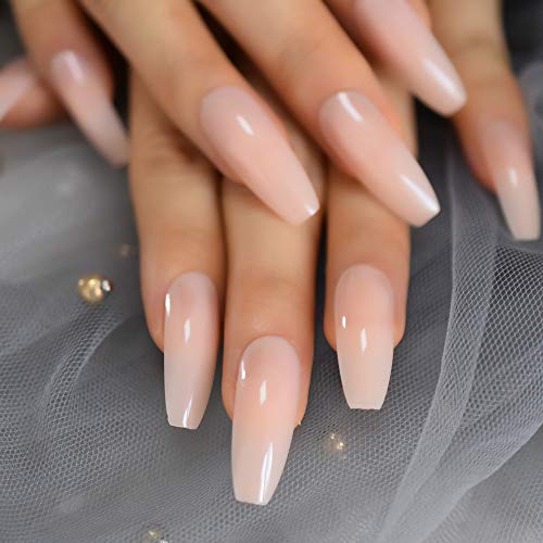 Nude Extra Long Fake Nails Coffin Full Cover Glossy False Nail Long Ballerina Nails with Glue Sticker - Thumbnail 5