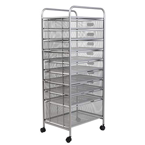 Metal Mesh 9 Drawer Rolling Cart Storage Organizer File Basket Cart Office&Home Cabinet-Silver