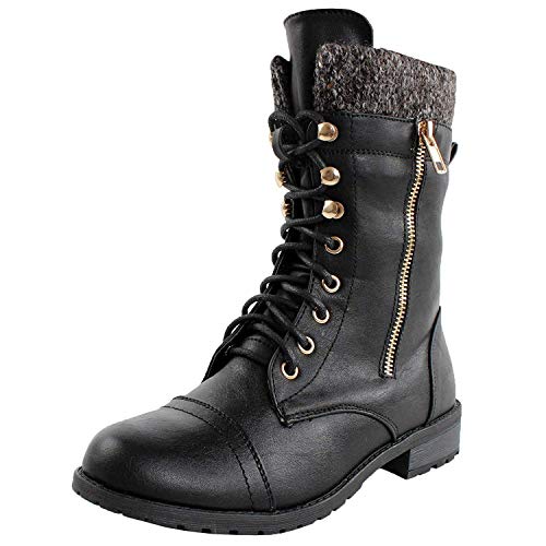 Forever Link Womens Mango-31 Round Toe Military Lace Up Knitted Ankle Cuff Low Heel Combat Boots,Black,7