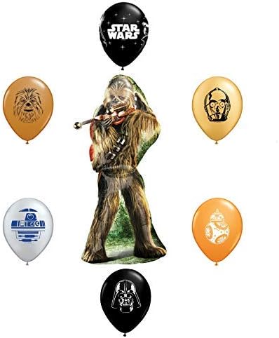 36 Inch Chewbacca Foil Balloon and 6pc Star Wars 11 Inch Character Print Latex Balloons Chewbacca, Darth Vader, C3PO, R2D2, BB8, Yoda