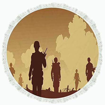 55" Round Polyester Linen Tablecloth,War Home Decor,Soldier Shadows with Military Costumes and Weapons Walking on Patrol Print,Brown Cream,for Dinner Kitchen Home Decor
