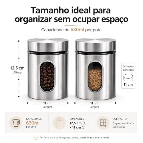 Kit Com 2 Potes Vidro Vítreo Revestido Em Inox 630ML Tampa Com Vedação e Visor - Ideal para Armazenar Café, Açucar, Sal, Grãos e Mantimentos - Super Resistente - Cantinho Do Café