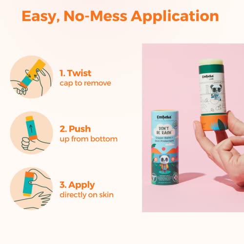 EmBeba Natural Diaper Rash Cream for Baby with Sensitive Skin | Travel Friendly Baby Rash Ointment with Built-in Diaper Balm Stick Roll-On Applicator, All Over Herbal Skin Care, 1 Pack