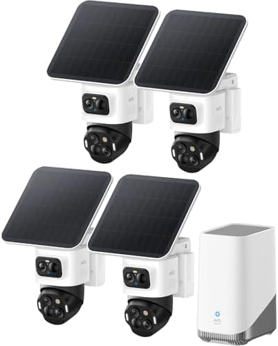 eufyCam S4 4‑Kamera‑Set, kabellose Solar‑Überwachungskamera außen, 3‑Linsen Bullet‑PTZ‑Kamera, 4K UHD, 360° Multi‑Kamera‑Tracking, Auto‑Tracking, 8× Hybridzoom, Farbnachtsicht, 16TB lokaler Speicher
